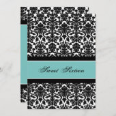 ティール（緑がかった色）ブラックダマスク16thバースデーパーティ招待状 招待状 (正面/裏面)