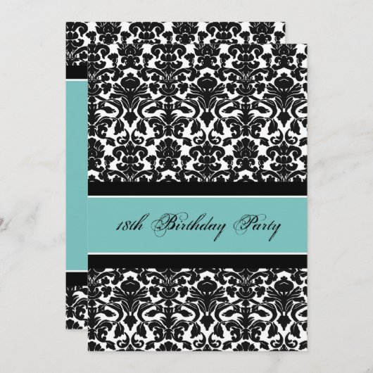 ティール（緑がかった色）ブラックダマスク18thバースデーパーティ招待状 招待状 (正面/裏面)