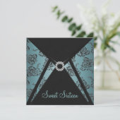 ティール（緑がかった色）ブラックダマスクSweet sixteenパーティー 招待状 (スタンド正面)