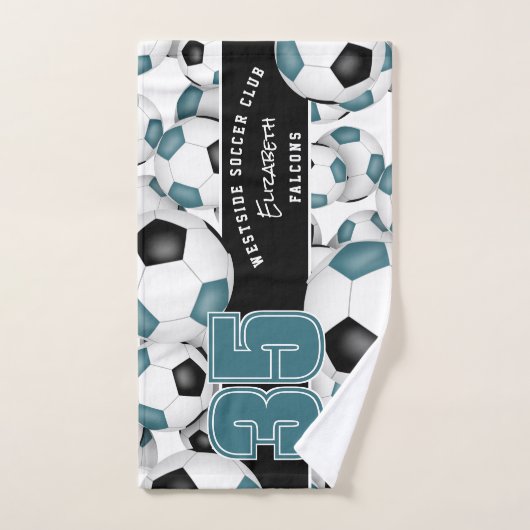 ティール（緑がかった色）ブラックチームカラーサッカーボールの多くのスポーツ ハンドタオル (ハンドタオル)