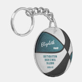 ティール(緑がかった色)ブラックチームカラーズパーソナライズされたバスケット キーホルダー (正面左)