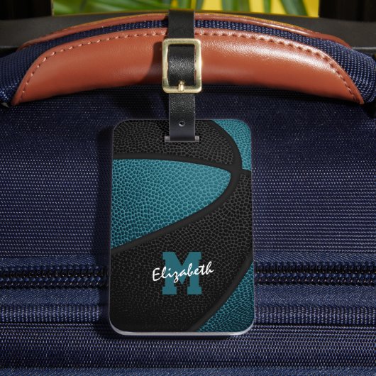 ティール(緑がかった色)ブラックチームカラーズパーソナライズされたバスケット ラゲッジタグ (正面インサイチュ2)