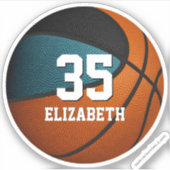 ティール（緑がかった色）ブラックチームカラーズ女の子バスケットボール シール (正面)