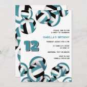 ティール（緑がかった色）ブラックチームカラーバレーボール誕生日パーティー 招待状 (正面/裏面)