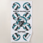 ティール(緑がかった色)ブラックチームカラー名ガーリー球 ビーチタオル (正面)