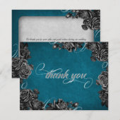 ティール（緑がかった色）ブラックバラ結婚ズ サンキューカード (正面/裏面)
