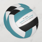 ティール（緑がかった色）ブラックバレーボールお祝いキッズティーン 案内状 (正面/裏面)