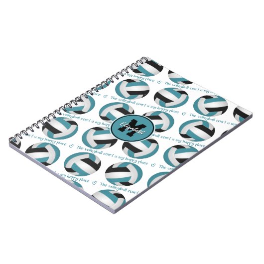 ティール(緑がかった色)ブラックバレーボールのコートは私の幸せな場所である ノートブック (左側)