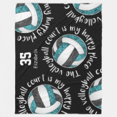 ティール(緑がかった色)ブラックバレーボールのコートは私の幸せな場所である フリースブランケット (正面)