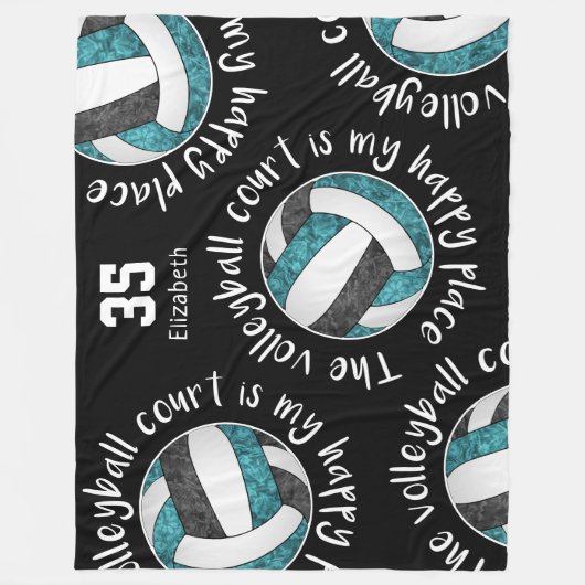 ティール(緑がかった色)ブラックバレーボールのコートは私の幸せな場所である フリースブランケット (正面)