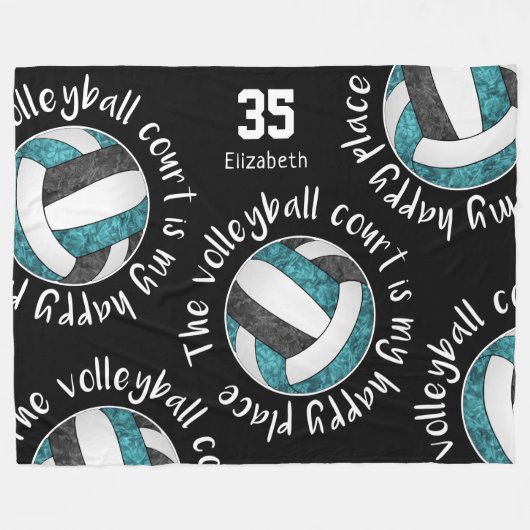 ティール(緑がかった色)ブラックバレーボールのコートは私の幸せな場所である フリースブランケット (正面(横))