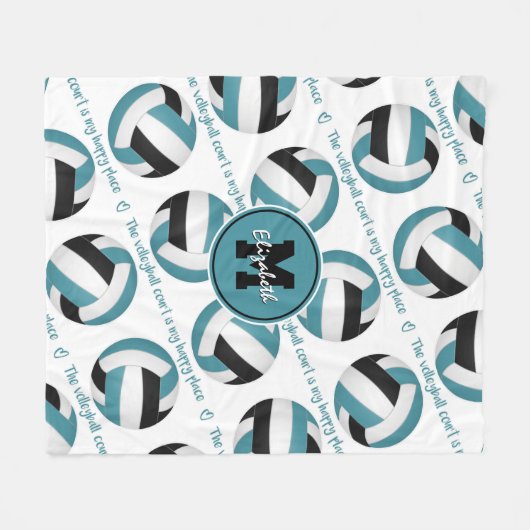 ティール(緑がかった色)ブラックバレーボールのコートは私の幸せな場所である フリースブランケット (正面(横))