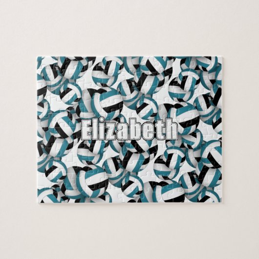 ティール（緑がかった色）ブラックバレーボールのパタパーソナライズされたーン ジグソーパズル (横)