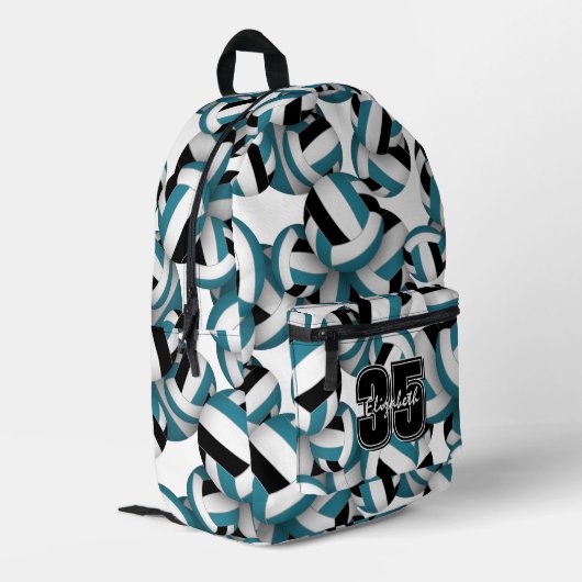 ティール(緑がかった色)ブラックバレーボールチームの色wプレイヤー名 プリントバックパック (裏面左端)