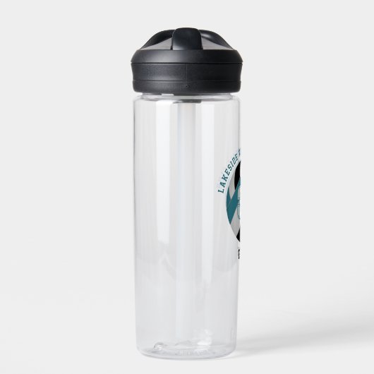 ティール（緑がかった色）ブラックバレーボールチームは女の子の男の子をカラー ウォーターボトル (正面)