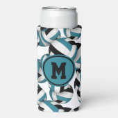 ティール(緑がかった色)ブラックバレーボールパターンwプレイヤーモノグラム スリム缶クーラー (Seltzer正面)