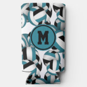 ティール(緑がかった色)ブラックバレーボールパターンwプレイヤーモノグラム スリム缶クーラー (裏面)