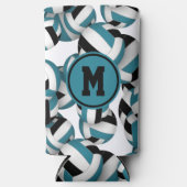 ティール(緑がかった色)ブラックバレーボールパターンwプレイヤーモノグラム スリム缶クーラー (正面)