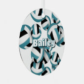 ティール（緑がかった色）ブラックバレーボール付きアスリート名記念 メタルオーナメント (正面右)