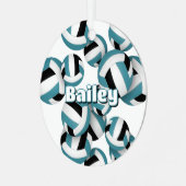 ティール（緑がかった色）ブラックバレーボール付きアスリート名記念 メタルオーナメント (正面左)