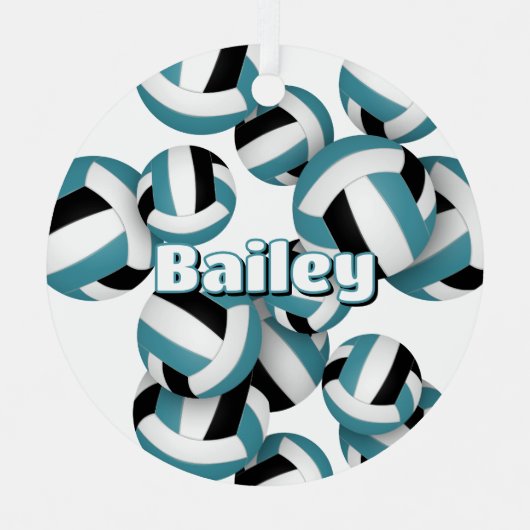 ティール（緑がかった色）ブラックバレーボール付きアスリート名記念 メタルオーナメント (正面)