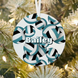 ティール（緑がかった色）ブラックバレーボール付きアスリート名記念 メタルオーナメント