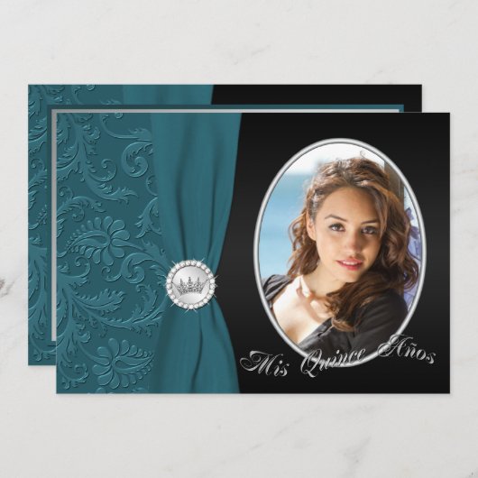 ティール(緑がかった色)&ブラックフォトキンセアニェラ招待状 招待状 (正面/裏面)