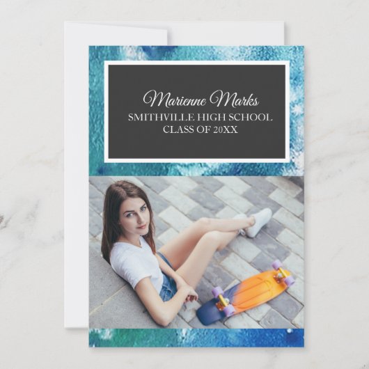 ティール（緑がかった色）ブラックフォト卒業大学トランクパーティー 招待状 (正面)