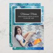 ティール（緑がかった色）ブラックフォト卒業大学トランクパーティー 招待状 (正面/裏面)