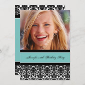 ティール(緑がかった色)ブラックフォト18thバースデーパーティ招待状 招待状 (正面/裏面)