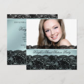 ティール（緑がかった色）ブラックフォトSweet sixteen誕生日パーティー 招待状 (正面/裏面)