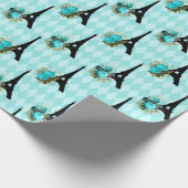 ティール（緑がかった色）&ブラックフローラエッフェルタワーパリ ラッピングペーパー (角)