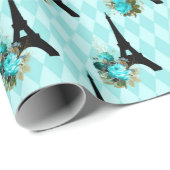 ティール（緑がかった色）&ブラックフローラエッフェルタワーパリ ラッピングペーパー (ロールコーナー)