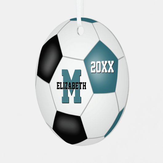 ティール(緑がかった色)ブラック女子ボーイズスクールチームのカラーサッカー メタルオーナメント (正面左)