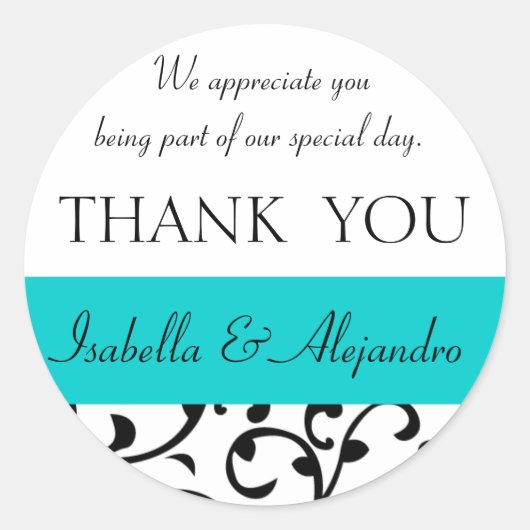 ティール（緑がかった色）、ブラック結婚式の引き出物ありがとうメッセージ ラウンドシール (正面)