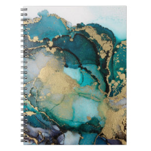 ティール(緑がかった色)ブラック金ゴールドアルコールインク流体Artabstract,art, ノートブック