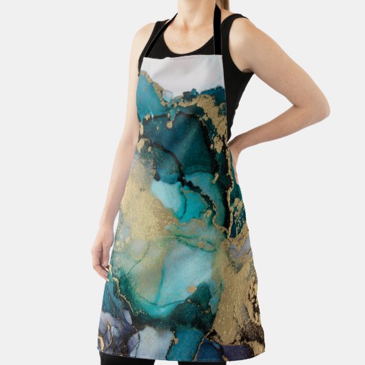 ティール(緑がかった色)ブラック金ゴールドアルコールインク液体アータブストラクト,アート, エプロン (インサイチュ)