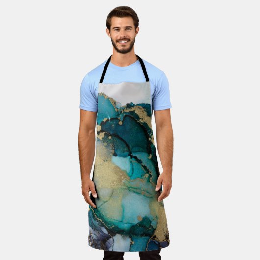 ティール(緑がかった色)ブラック金ゴールドアルコールインク液体アータブストラクト,アート, エプロン (着用した状態)