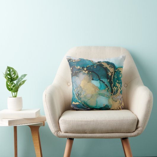 ティール(緑がかった色)ブラック金ゴールドアルコールインク液体アータブストラクト,アート, クッション (椅子)