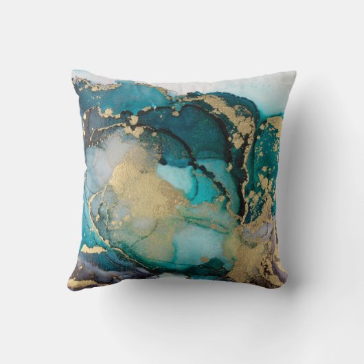 ティール(緑がかった色)ブラック金ゴールドアルコールインク液体アータブストラクト,アート, クッション (裏面)