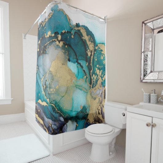 ティール(緑がかった色)ブラック金ゴールドアルコールインク液体アータブストラクト,アート, シャワーカーテン (インサイチュ)