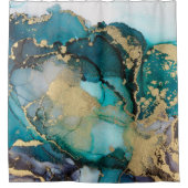 ティール(緑がかった色)ブラック金ゴールドアルコールインク液体アータブストラクト,アート, シャワーカーテン (正面)