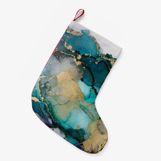 ティール(緑がかった色)ブラック金ゴールドアルコールインク液体アータブストラクト,アート, スモールクリスマスストッキング (正面 (吊り時))
