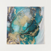 ティール(緑がかった色)ブラック金ゴールドアルコールインク液体アータブストラクト,アート, タペストリー (正面(横))