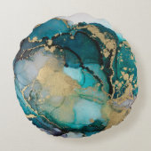 ティール(緑がかった色)ブラック金ゴールドアルコールインク液体アータブストラクト,アート, ラウンドクッション (裏面)