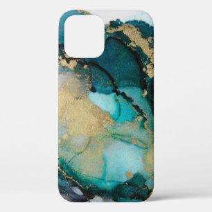 ティール(緑がかった色)ブラック金ゴールドアルコールインク液体アータブストラクト,アート, iPhone 12ケース