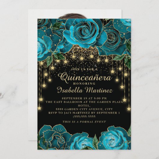 ティール(緑がかった色)ブラック金ゴールドストリングライトスターキンセアニラ 招待状 (正面/裏面)