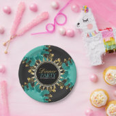 ティール(緑がかった色)ブラック金ゴールドフラクタルスワールディナーパーティー招待状 ペーパープレート (パーティー)