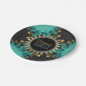 ティール(緑がかった色)ブラック金ゴールドフラクタルスワールディナーパーティー招待状 ペーパープレート (アングル)