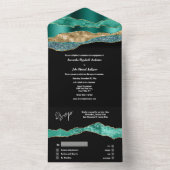 ティール（緑がかった色）ブラック金ゴールド大理石灰エレガント婚約 オールインワン招待状 (内側)